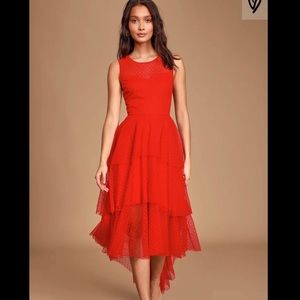 Gala Glam Red Swiss Dot Tiered High-Low Dress